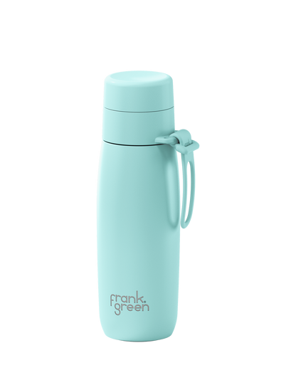 A mint green 20oz insulated bottle with a thermal lid and carry loop, shown at an angle on a white background.