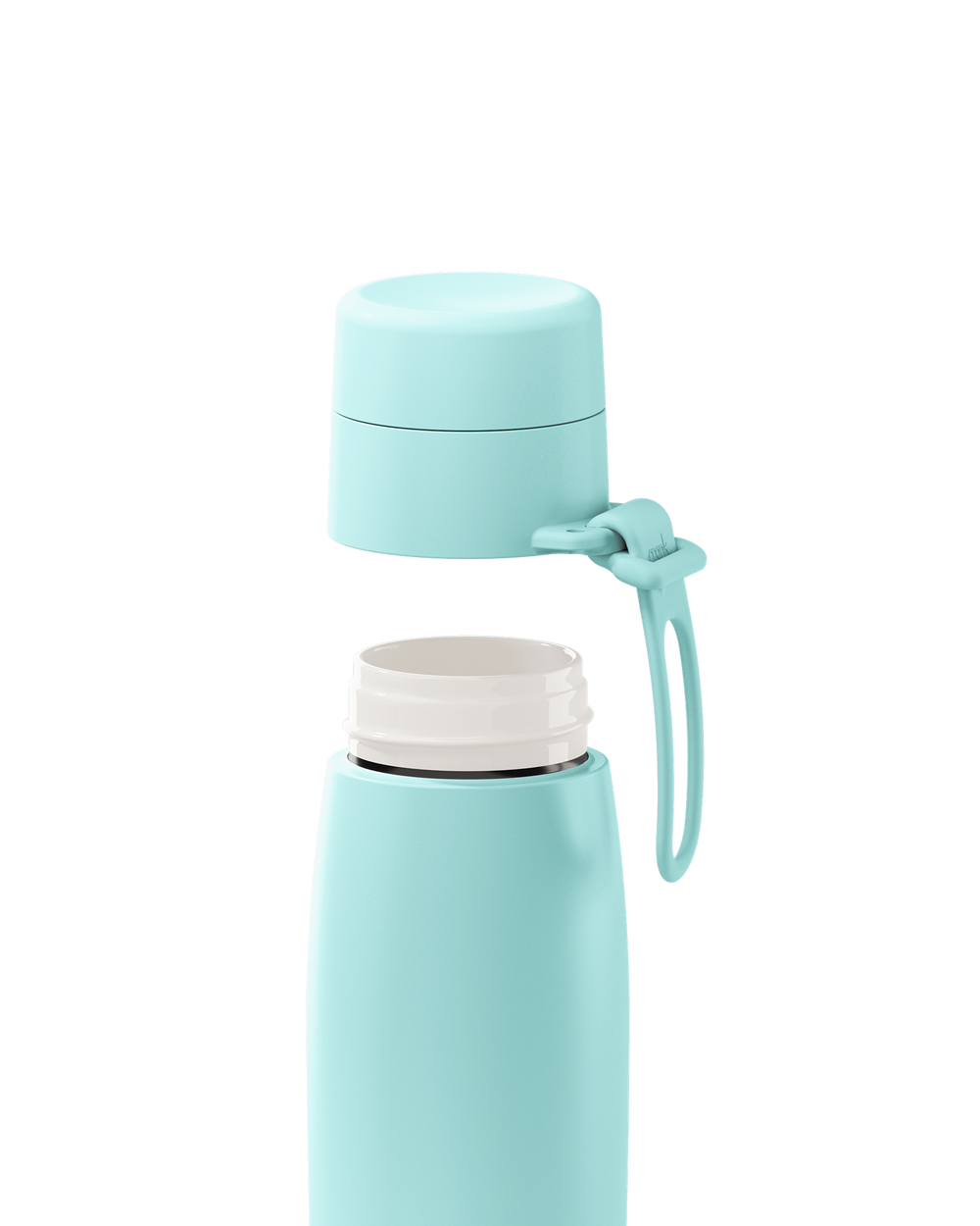 A mint green 20oz insulated bottle with the lid lifted off, showing the white ceramic-lined interior.