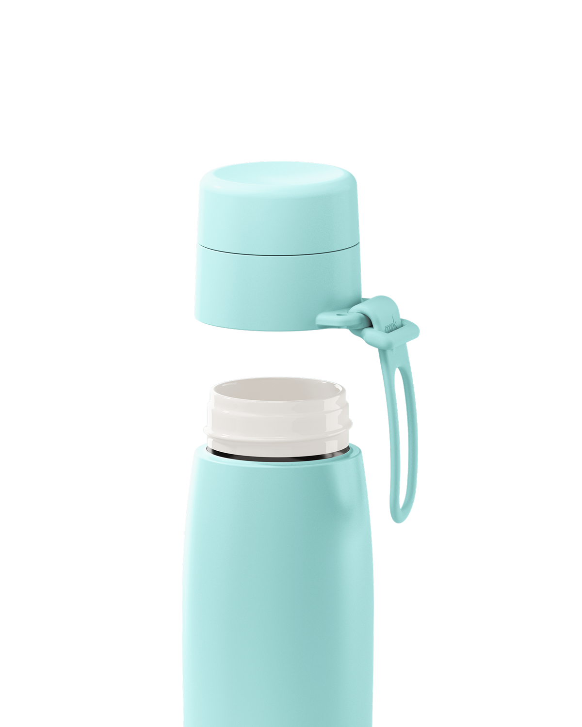 A mint green 20oz insulated bottle with the lid lifted off, showing the white ceramic-lined interior.