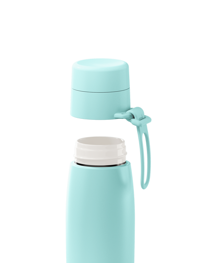 A mint green 20oz insulated bottle with the lid lifted off, showing the white ceramic-lined interior.