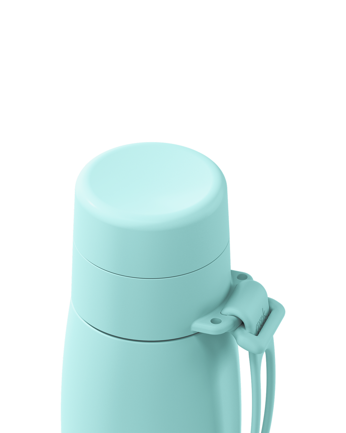 Close-up of a mint green thermal lid closed on a 20oz insulated bottle, with the carry loop attached.