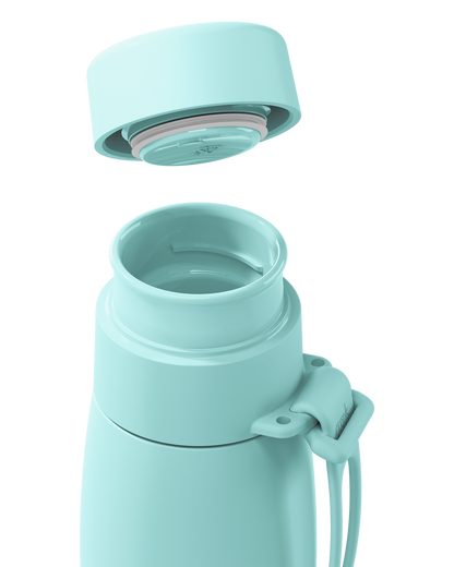 Close-up of a mint green thermal lid lifted off a 20oz insulated bottle, showing the seal and open neck.