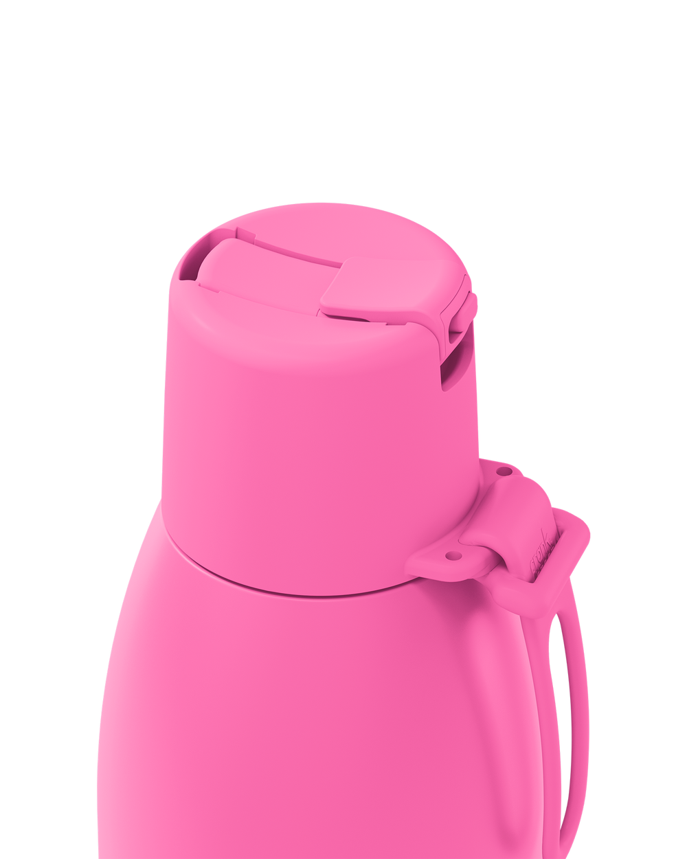 A close-up of a bright pink insulated bottle or thermos with a flip-top lid and carrying loop, shown on a plain white background.