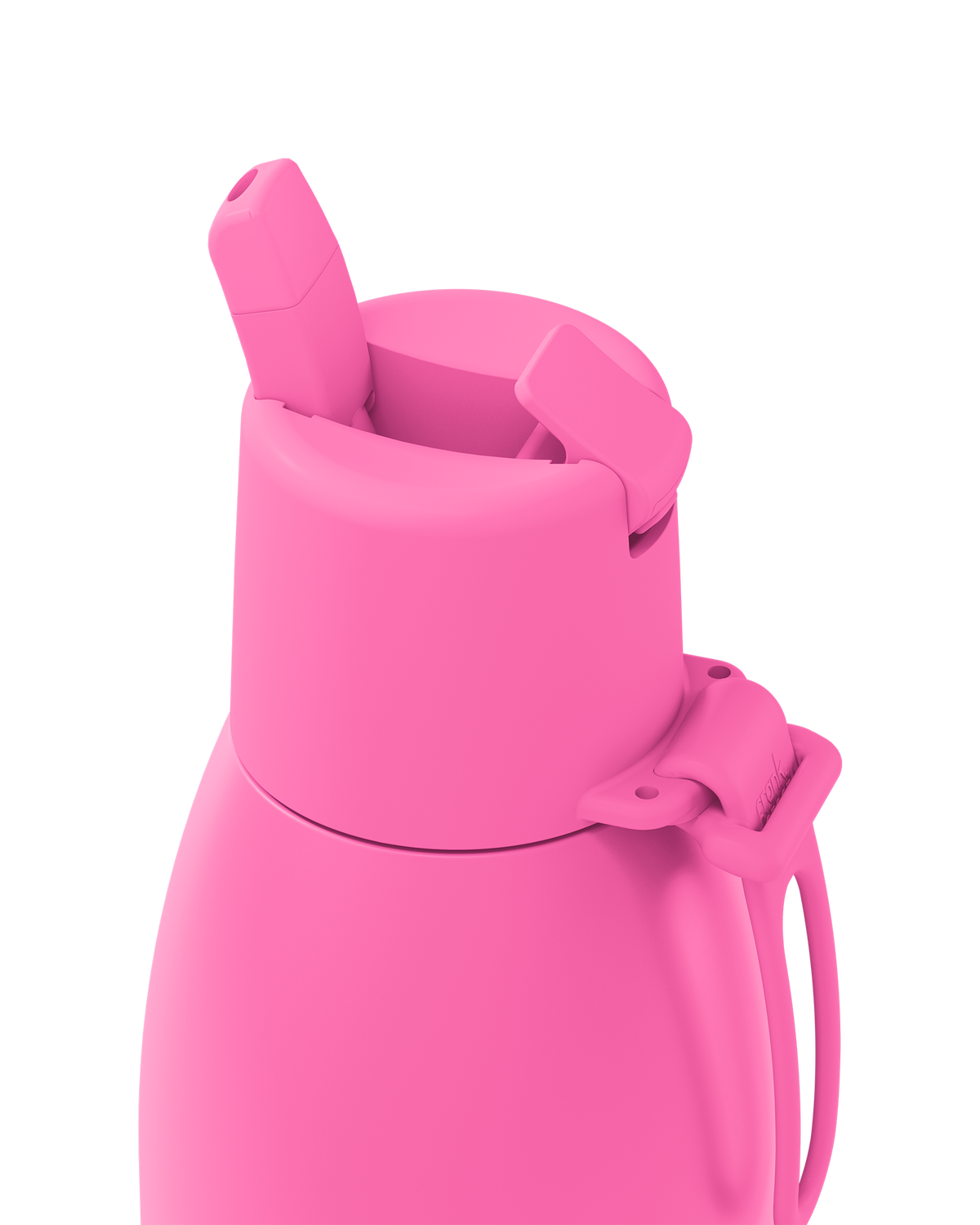 Close-up of a bright pink insulated bottle or tumbler with a flip-top straw lid and carrying loop, shown on a plain white background.