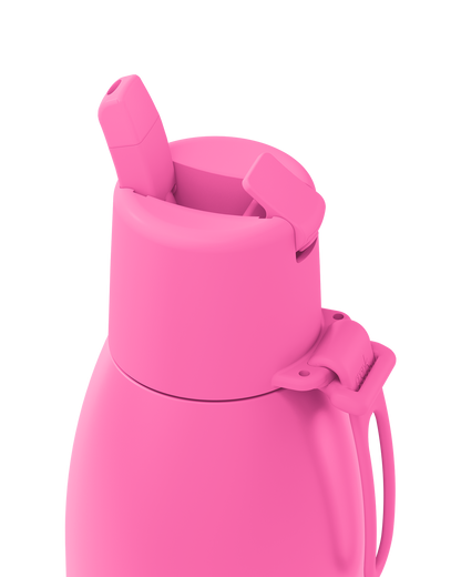 Close-up of a bright pink insulated bottle or tumbler with a flip-top straw lid and carrying loop, shown on a plain white background.