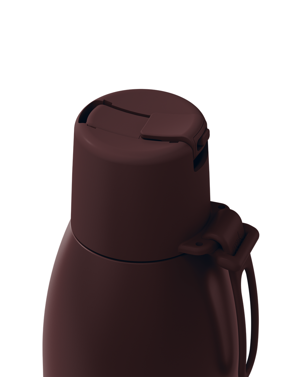 Close-up of a dark brown vacuum-insulated bottle or thermos with a flip-top lid and carrying loop, shown on a plain white background.