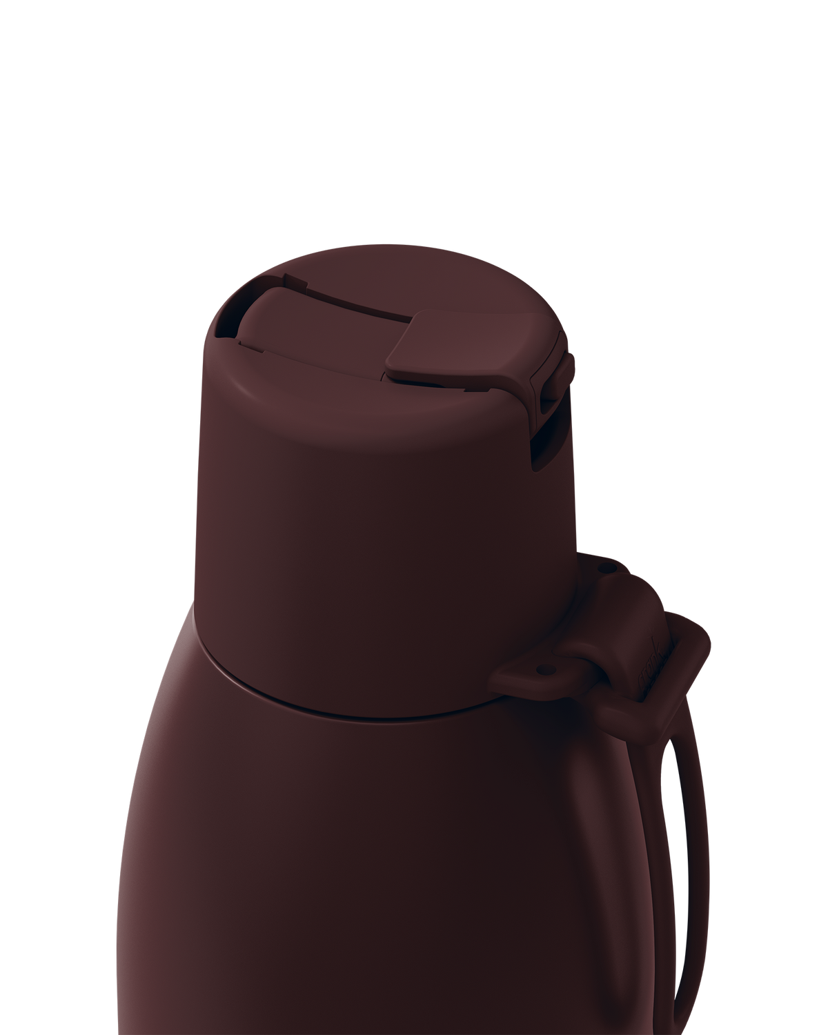 Close-up of a dark brown vacuum-insulated bottle or thermos with a flip-top lid and carrying loop, shown on a plain white background.