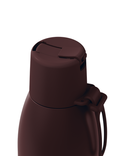 Close-up of a dark brown vacuum-insulated bottle or thermos with a flip-top lid and carrying loop, shown on a plain white background.