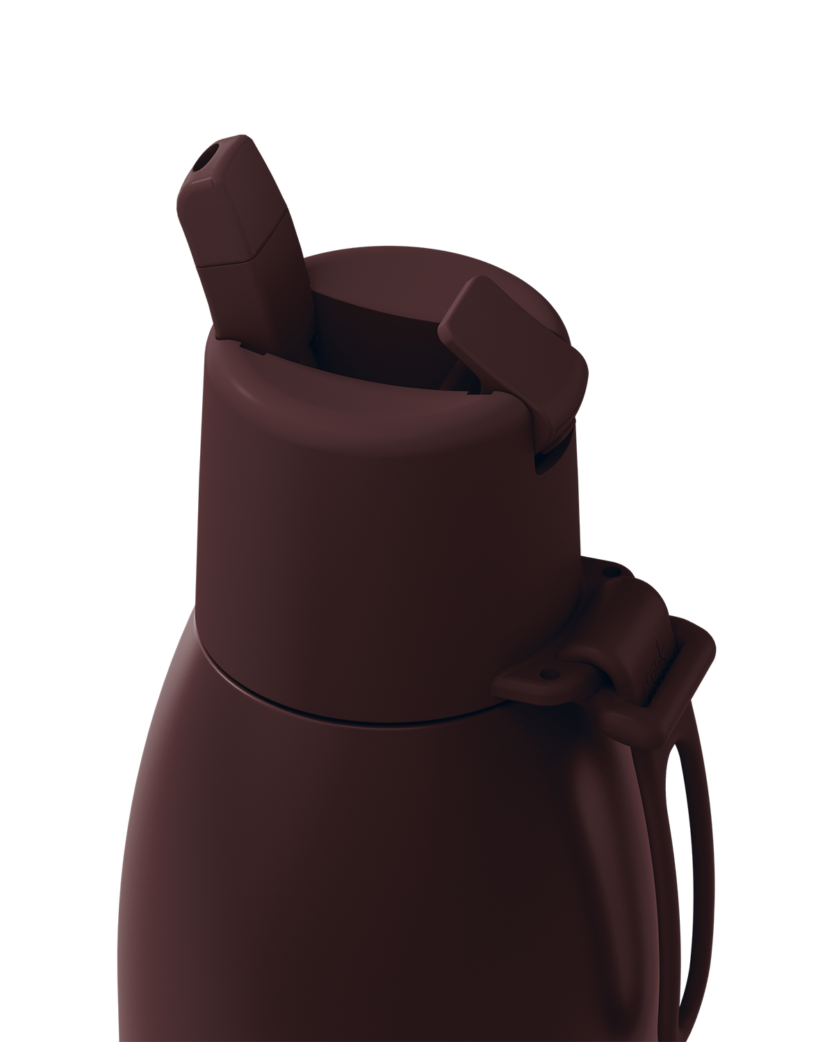 Close-up of a dark brown insulated bottle with a flip-top lid and carrying loop, shown on a plain white background.