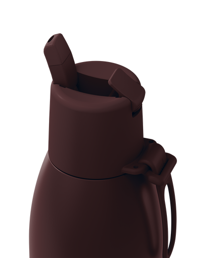 Close-up of a dark brown insulated bottle with a flip-top lid and carrying loop, shown on a plain white background.