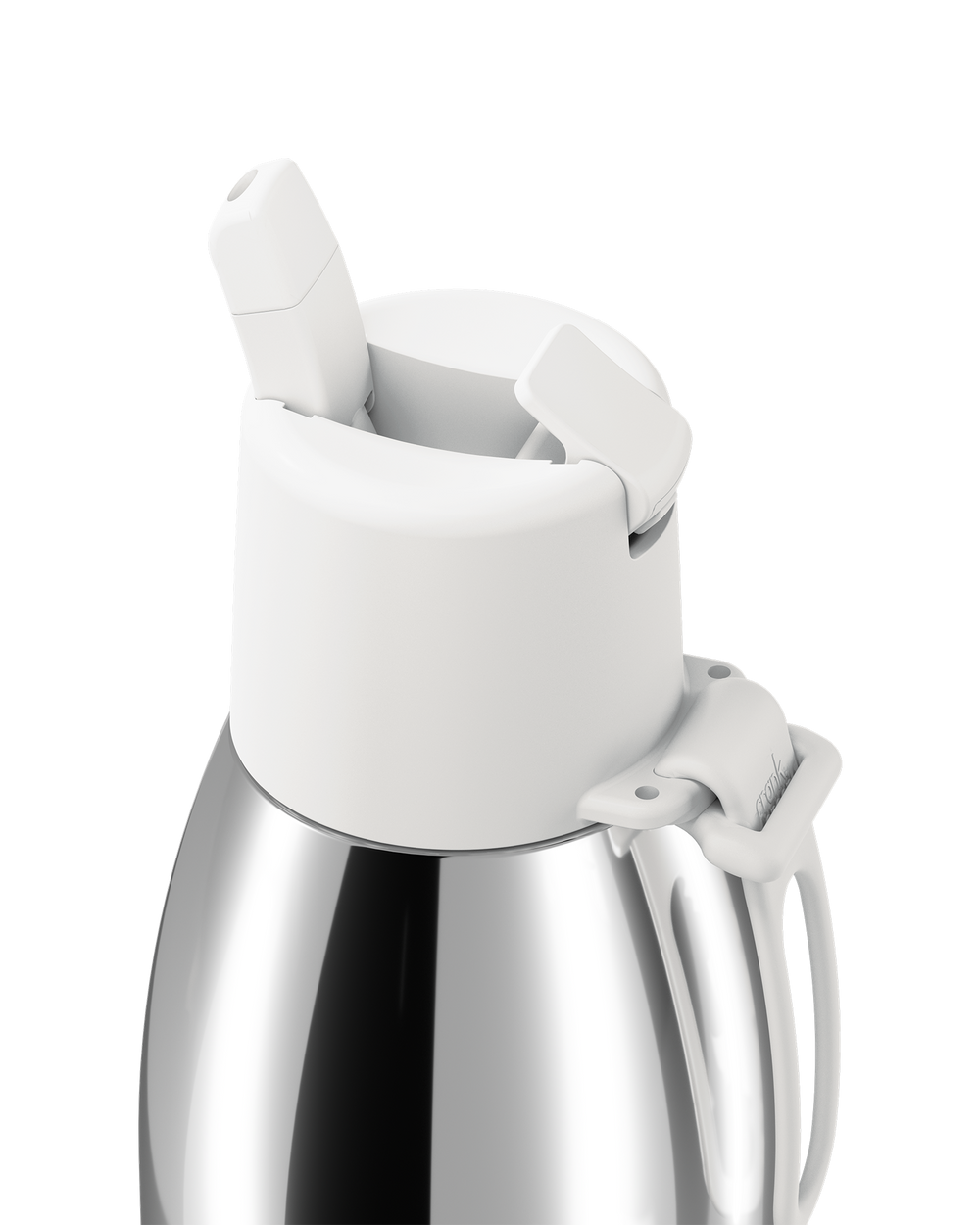Close-up of a stainless steel thermal carafe with a white plastic lid and handle, shown on a clean white background.