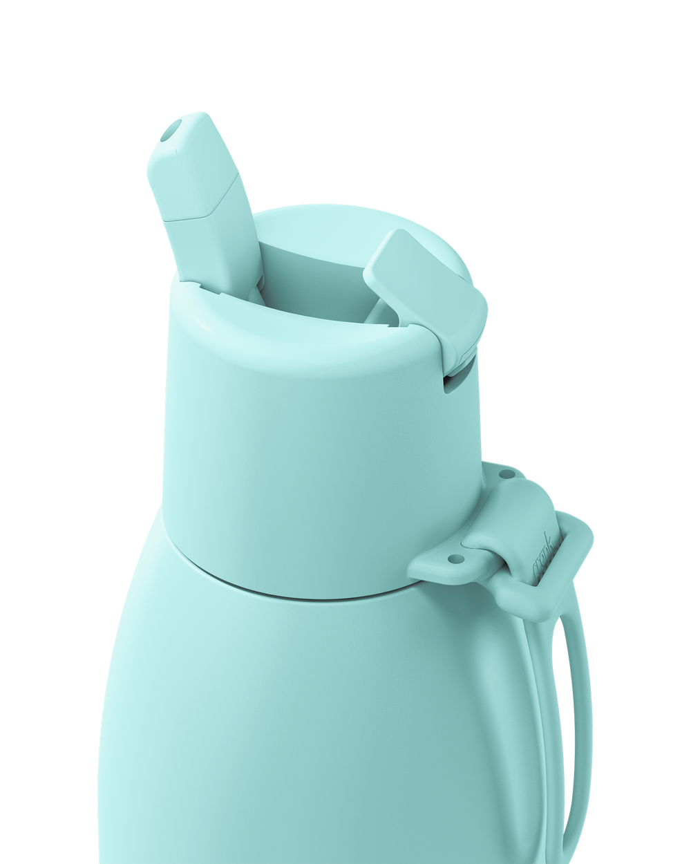 A close-up studio shot of a light mint green insulated bottle with a flip spout lid and carrying handle, isolated on a white background.