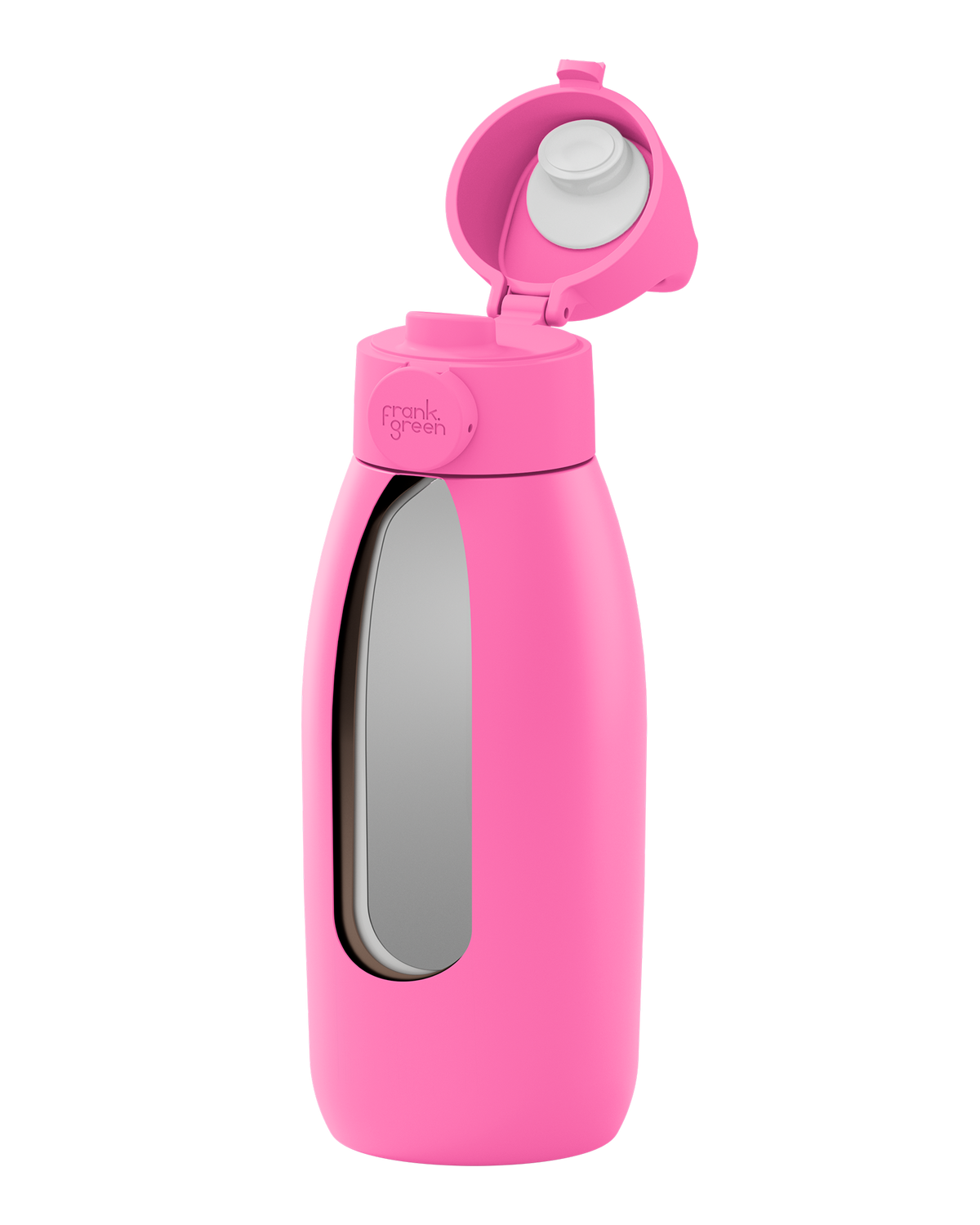 A bright pink insulated water bottle with a flip-up lid, shown on a plain white background. The bottle has a large clear window on the front and the brand name 'frank ocean' is visible on the collar.