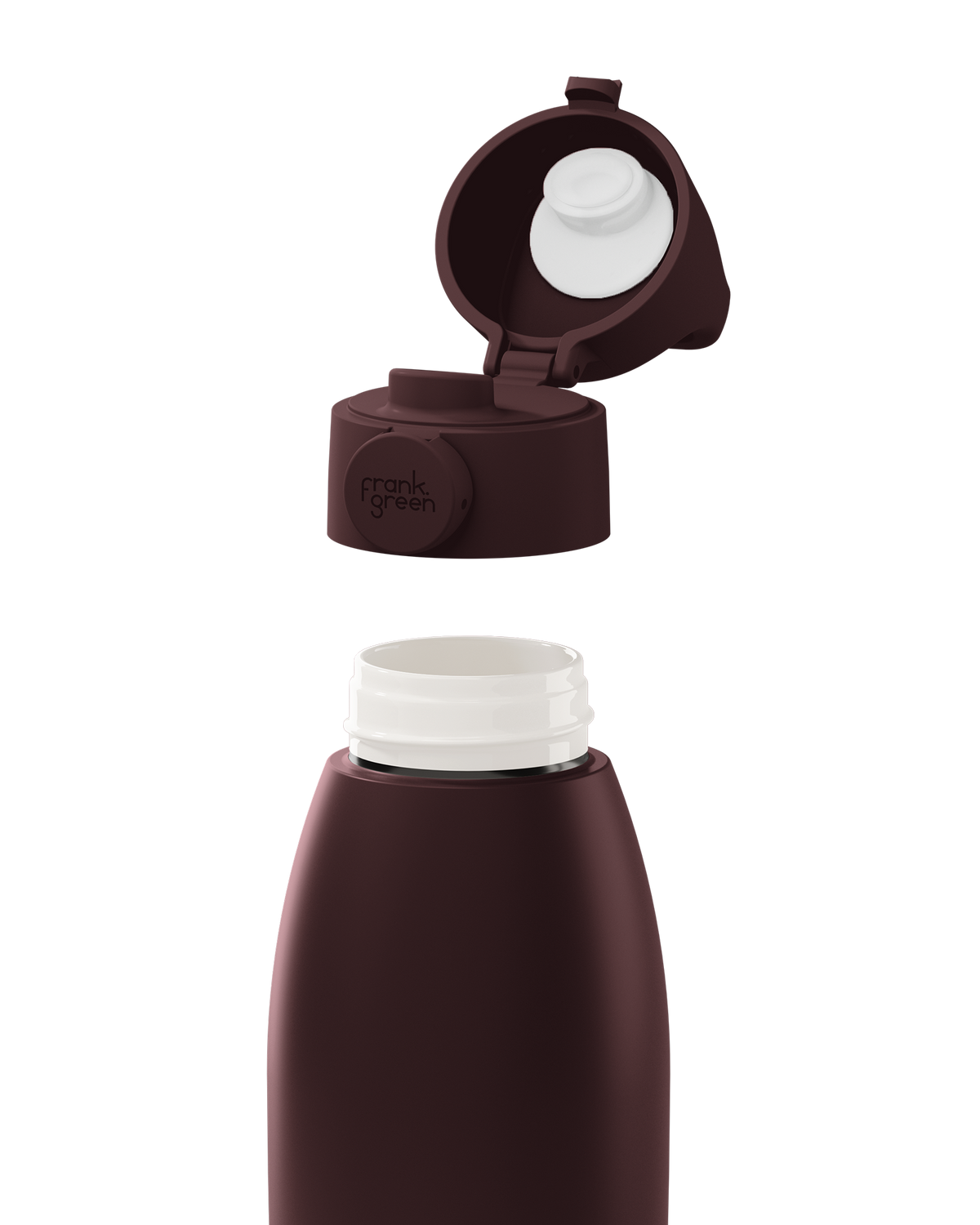 A dark brown insulated bottle with its lid removed and shown open above the bottle neck, on a clean white background. The brand name 'mark green' is embossed on the side of the cap.