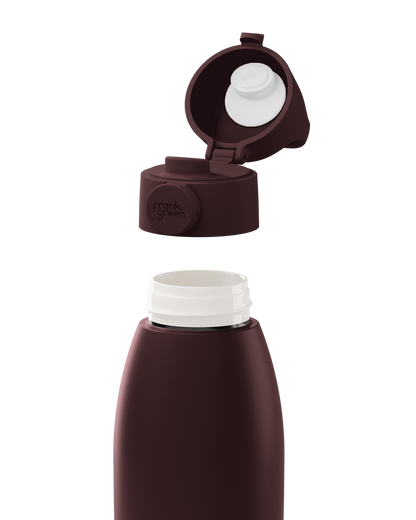 A dark brown insulated bottle with its lid removed and shown open above the bottle neck, on a clean white background. The brand name 'mark green' is embossed on the side of the cap.