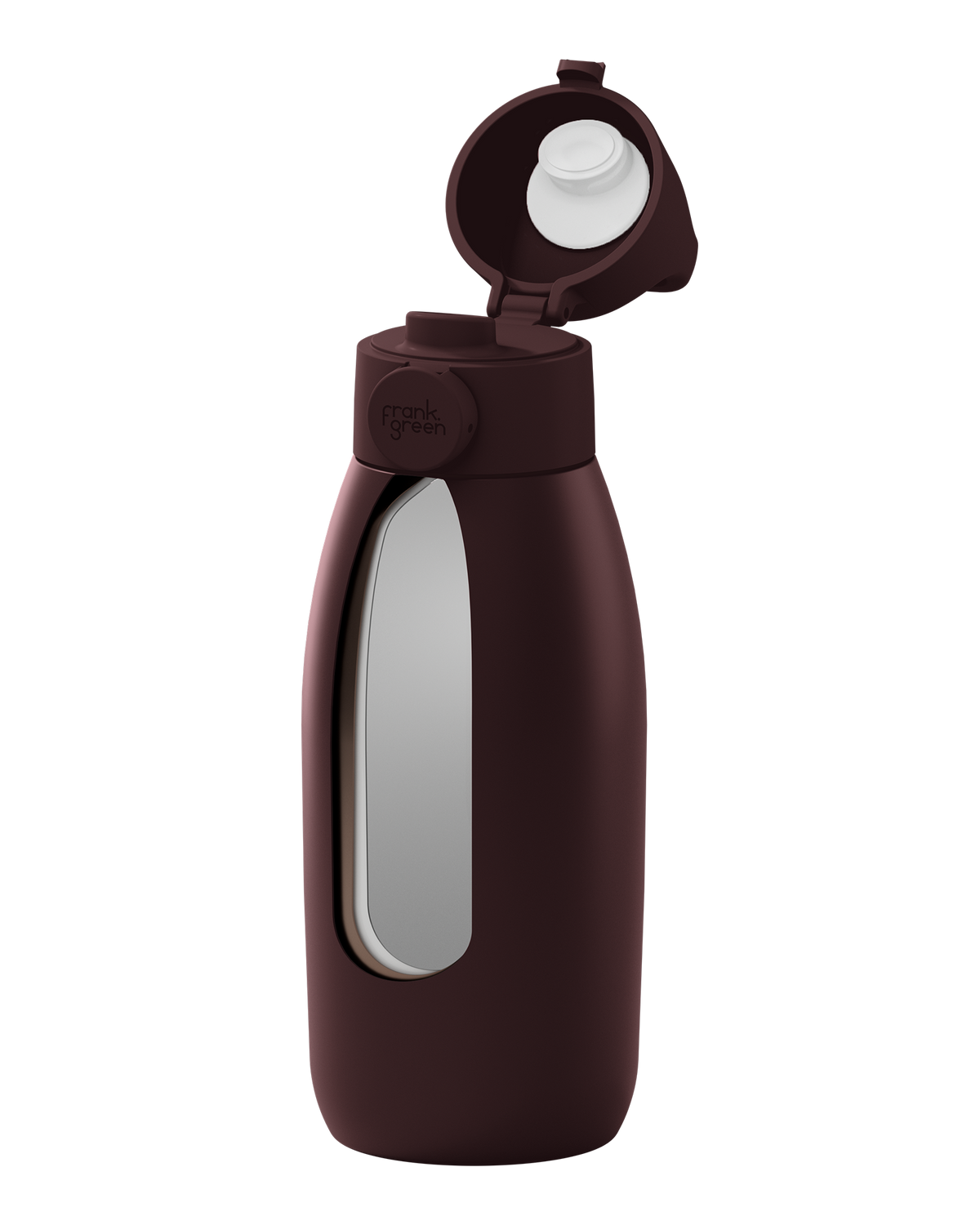 A dark brown insulated water bottle with a flip-up lid, shown on a solid white background. The bottle features a large clear window on the front and the brand name 'frank spahn' embossed on the collar.
