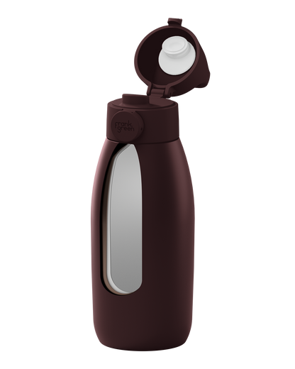 A dark brown insulated water bottle with a flip-up lid, shown on a solid white background. The bottle features a large clear window on the front and the brand name 'frank spahn' embossed on the collar.