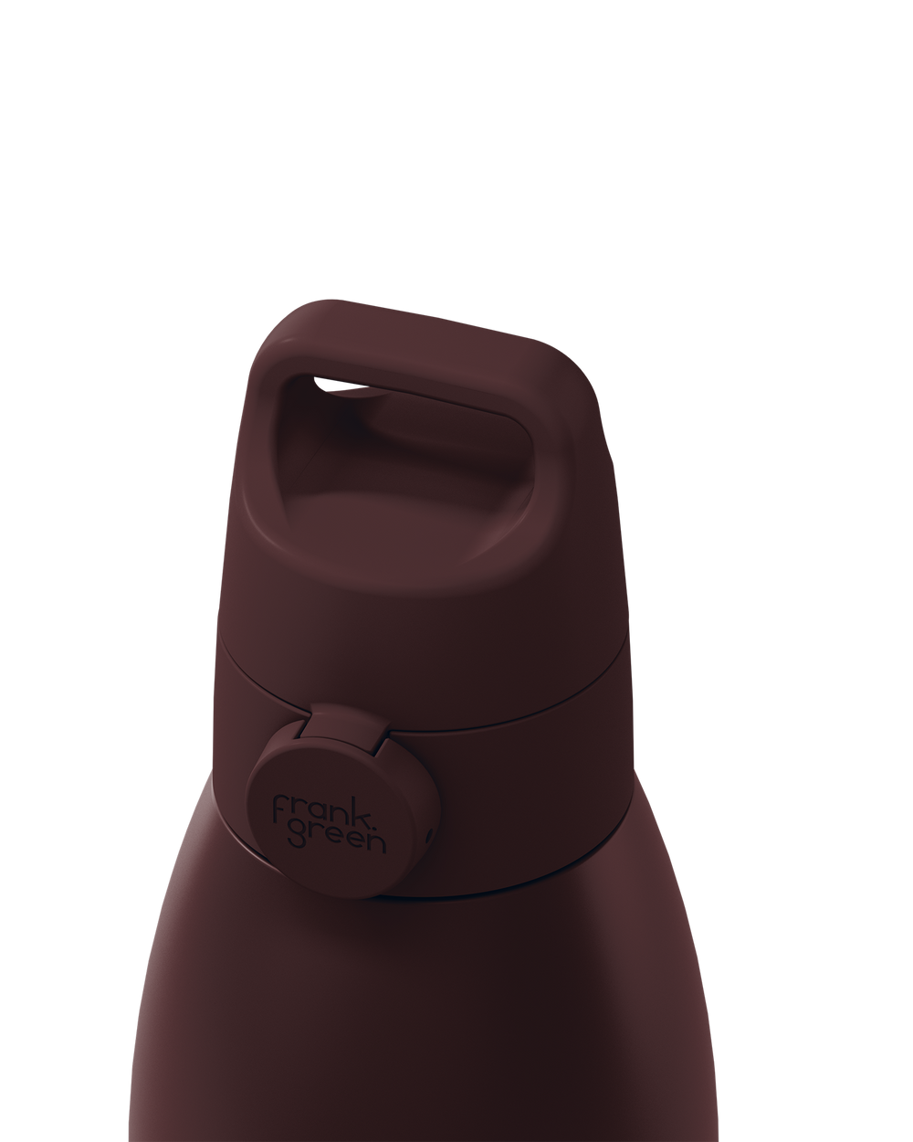 Close-up of a dark brown insulated water bottle with a matching brown flip-top lid and carry loop, featuring the 'frank green' logo on the side, set against a solid white background.