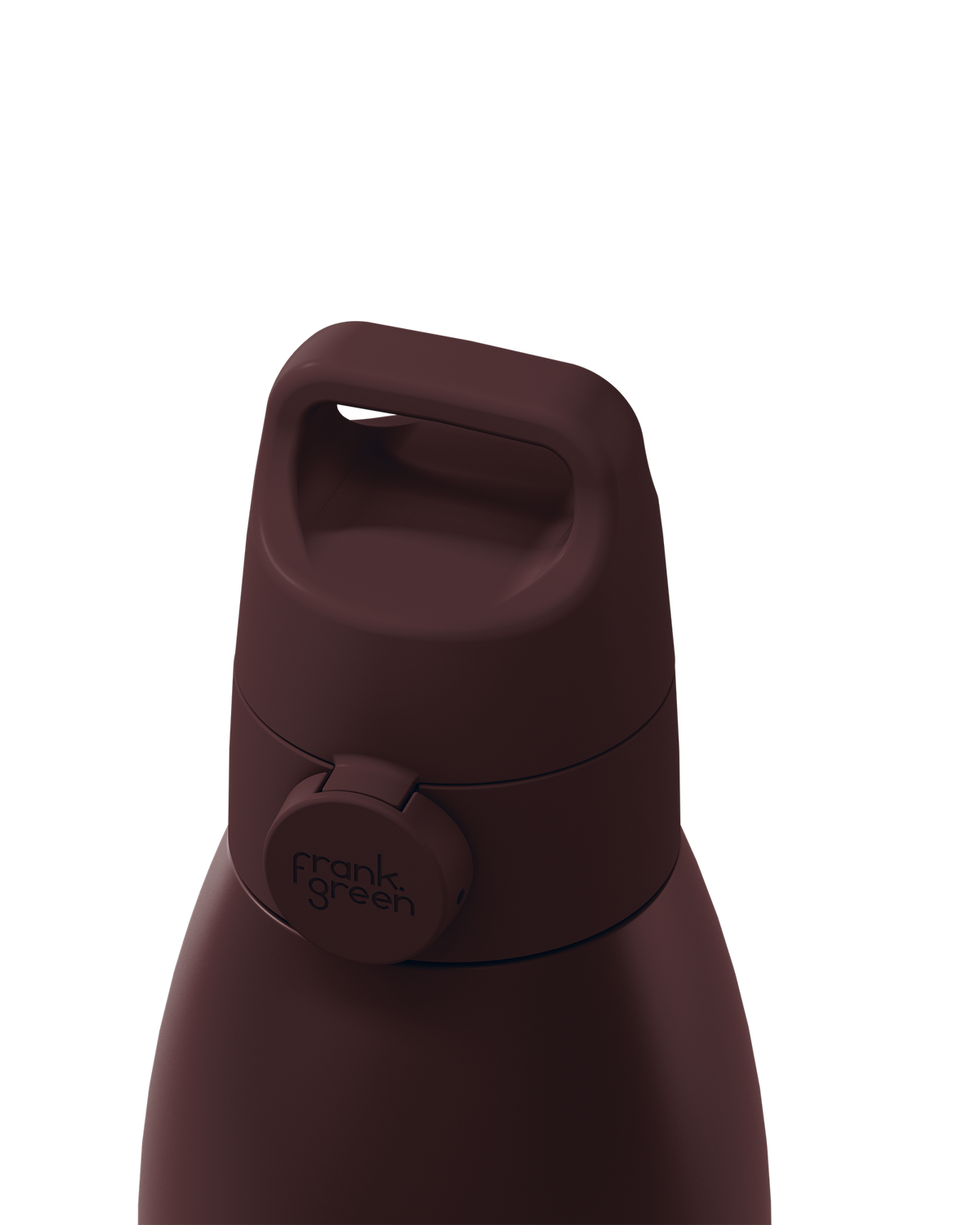 Close-up of a dark brown insulated water bottle with a matching brown flip-top lid and carry loop, featuring the 'frank green' logo on the side, set against a solid white background.
