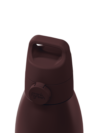 Close-up of a dark brown insulated water bottle with a matching brown flip-top lid and carry loop, featuring the 'frank green' logo on the side, set against a solid white background.