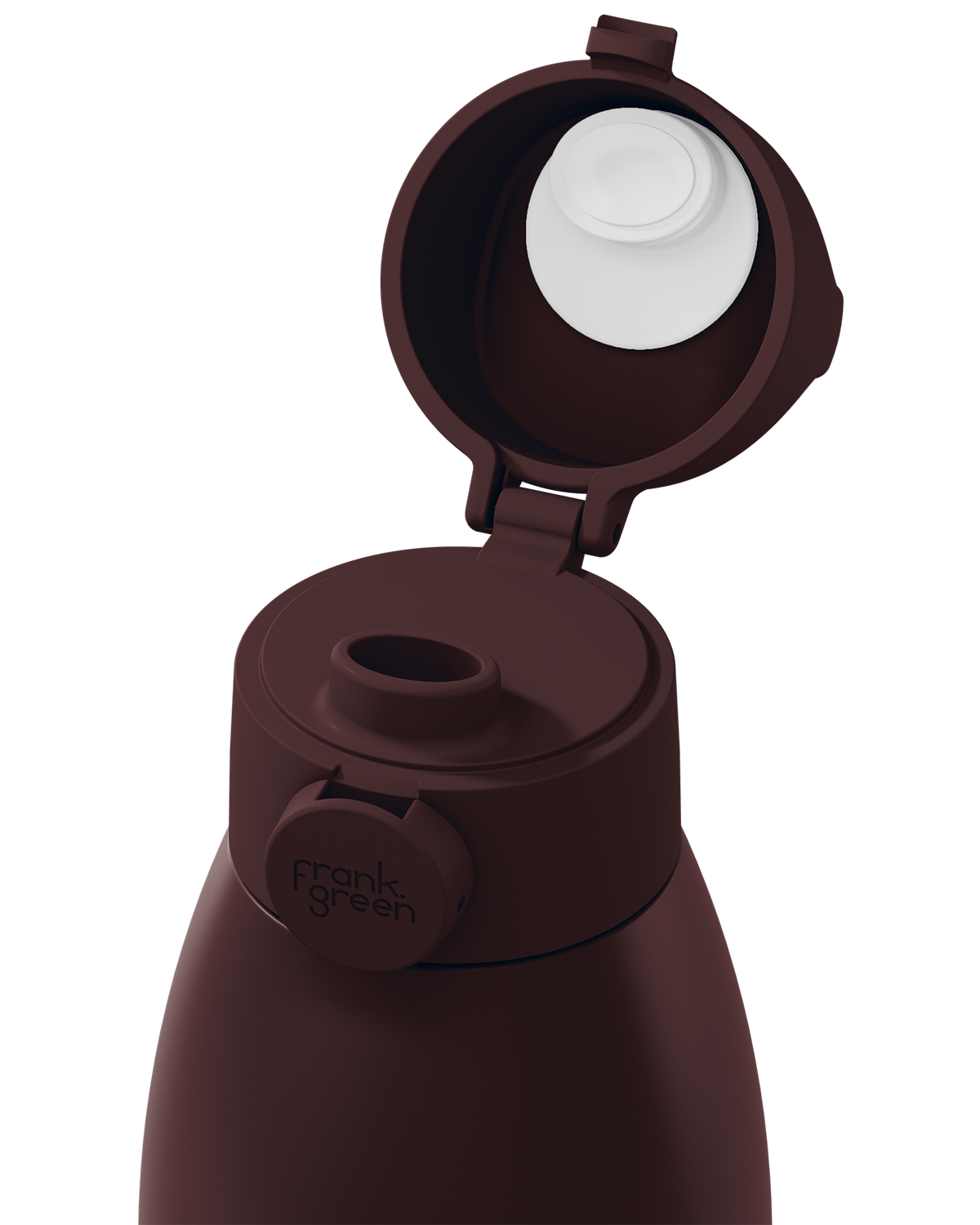 A close-up of a dark brown thermos bottle with its lid open, showing the white inner lid and the brand name 'frank green' printed on the side tab.