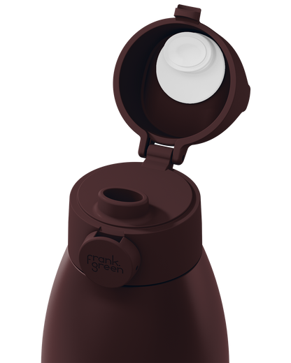 A close-up of a dark brown thermos bottle with its lid open, showing the white inner lid and the brand name 'frank green' printed on the side tab.