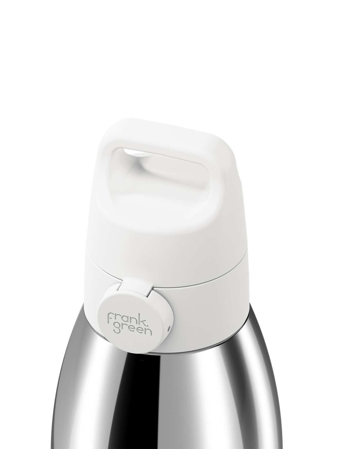 Close-up of a stainless steel water bottle with a white lid and a circular white logo plate reading 'frank green' on a white background.
