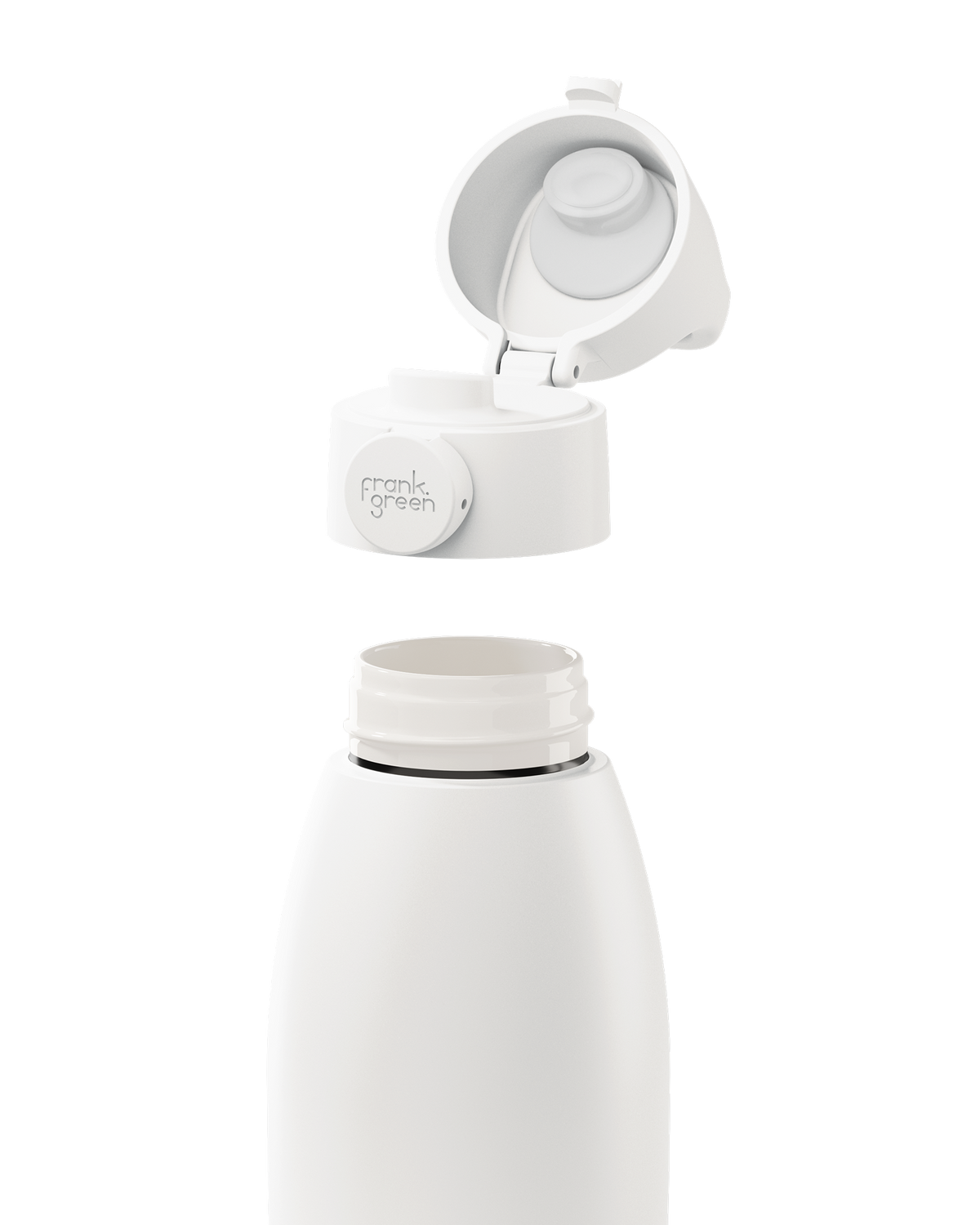 A white insulated bottle with its cap removed and floating above the bottle neck, showing the interior opening and a small circular brand badge that reads 'moka green'.
