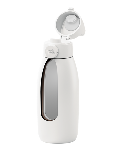 A white insulated water bottle with a flip-top lid, shown on a clean white background. The bottle features a large clear window on the side and a small circular brand label that reads 'frank ocean'.
