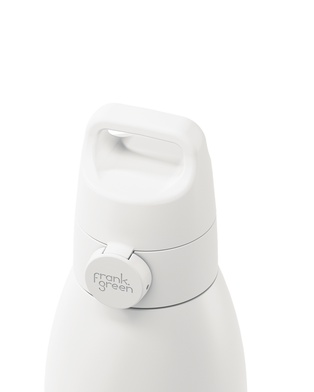 Close-up of a white reusable bottle with a flip-top lid and a circular white brand cap reading 'frank green' on a white background.