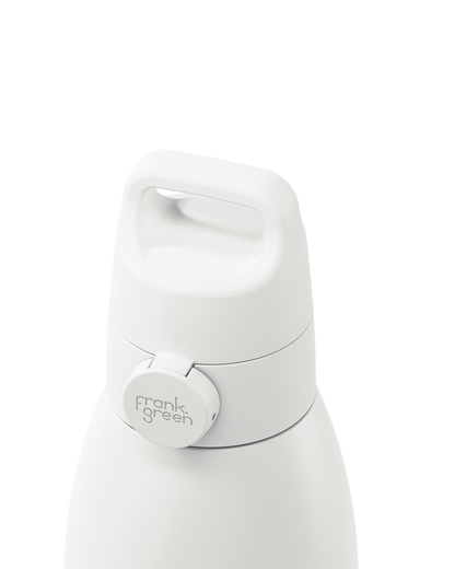 Close-up of a white reusable bottle with a flip-top lid and a circular white brand cap reading 'frank green' on a white background.