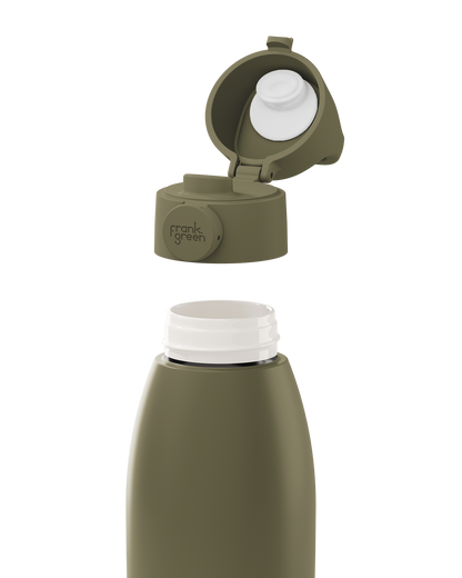 An olive green insulated bottle with its cap removed and shown floating above the bottle opening, revealing a white inner insert. The cap has the 'mark green' logo printed on it, set against a plain white background.
