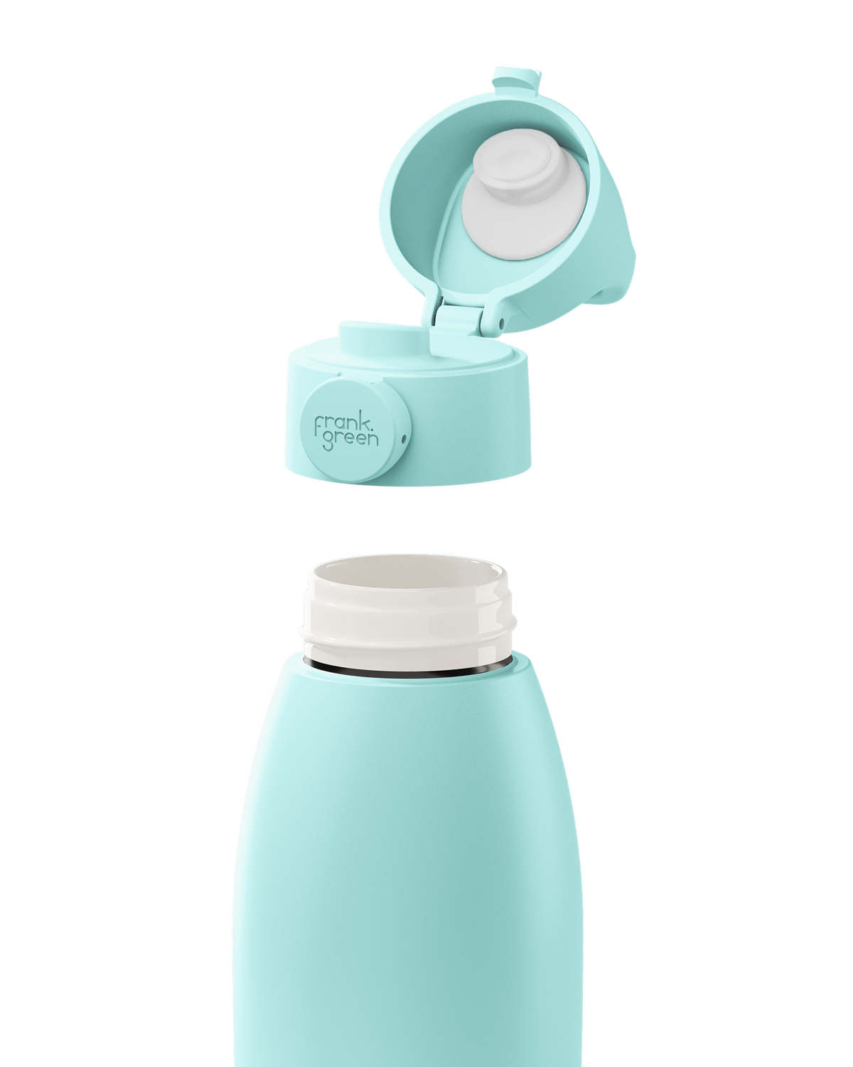 A light blue insulated bottle with its cap removed and floating above the bottle neck, showing the interior straw component. The cap has a round button with the brand name 'monk green' printed on it.
