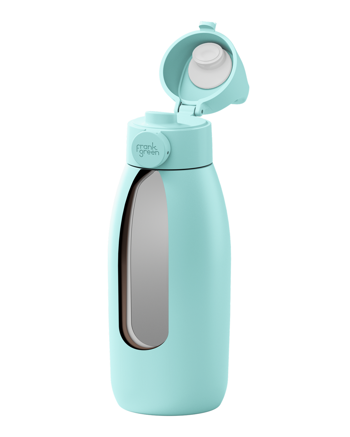 A mint green water bottle with a flip-up lid, featuring a clear window on the side and the brand name 'frank ocean' printed on the collar.