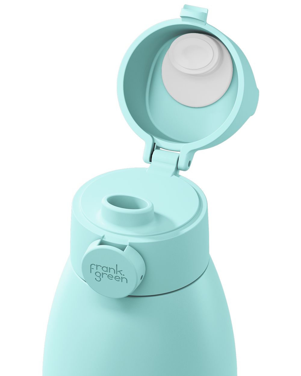 A close-up of a light mint green water bottle with its flip-up lid open, showing the white inner lid and the frank green brand logo on the side cap.