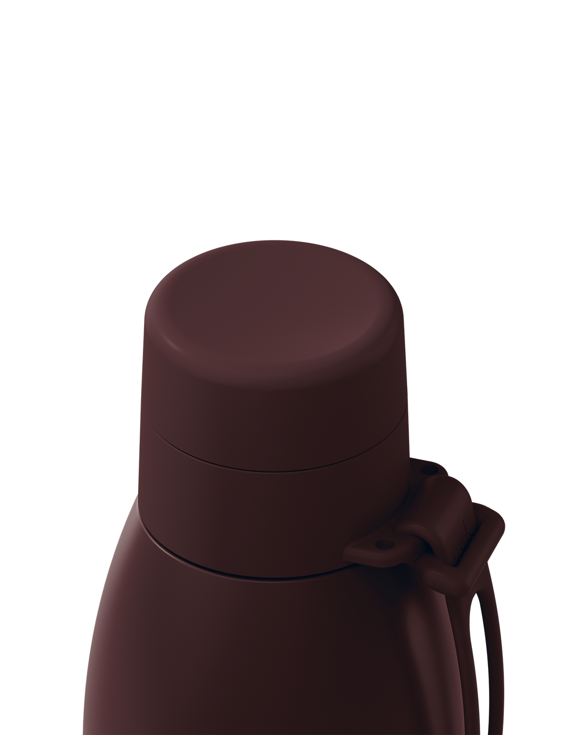 Close-up of a dark brown thermal lid closed on a 34oz insulated bottle, with the carry loop attached.