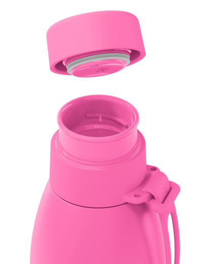 Close-up of a bright pink thermal lid lifted off a 34oz insulated bottle, showing the seal and open neck.
