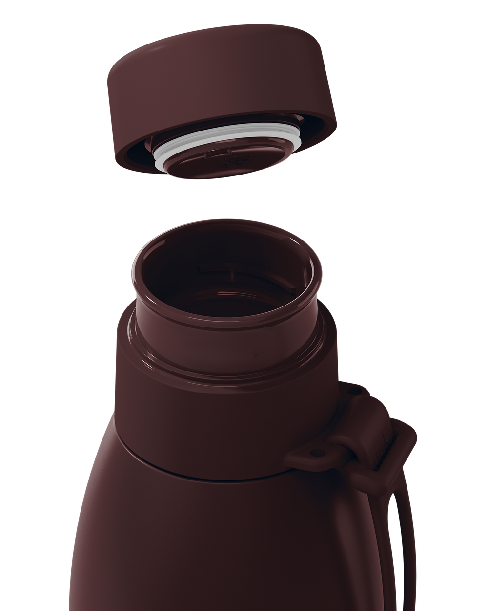 Close-up of a dark brown thermal lid lifted off a 34oz insulated bottle, showing the seal and open neck.