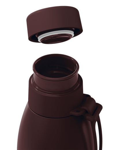 Close-up of a dark brown thermal lid lifted off a 34oz insulated bottle, showing the seal and open neck.