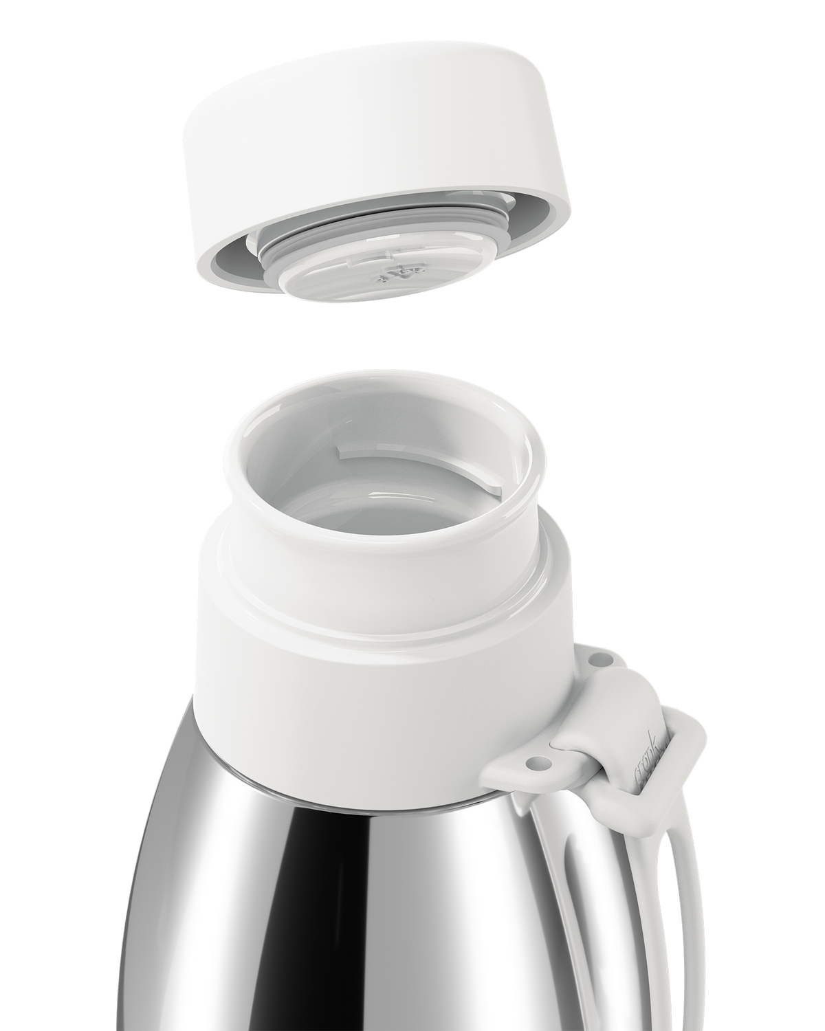 Close-up of a white thermal lid lifted off a polished stainless steel 34oz insulated bottle, showing the seal and open neck.