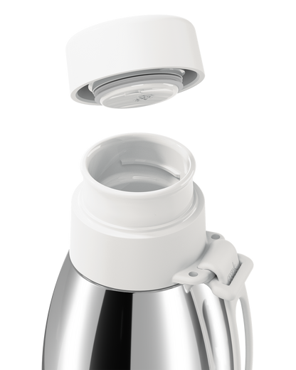 Close-up of a white thermal lid lifted off a polished stainless steel 34oz insulated bottle, showing the seal and open neck.