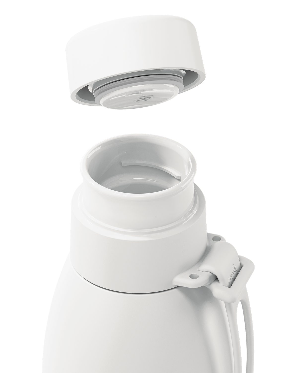 Close-up of a white thermal lid lifted off a 34oz insulated bottle, showing the seal and open neck.