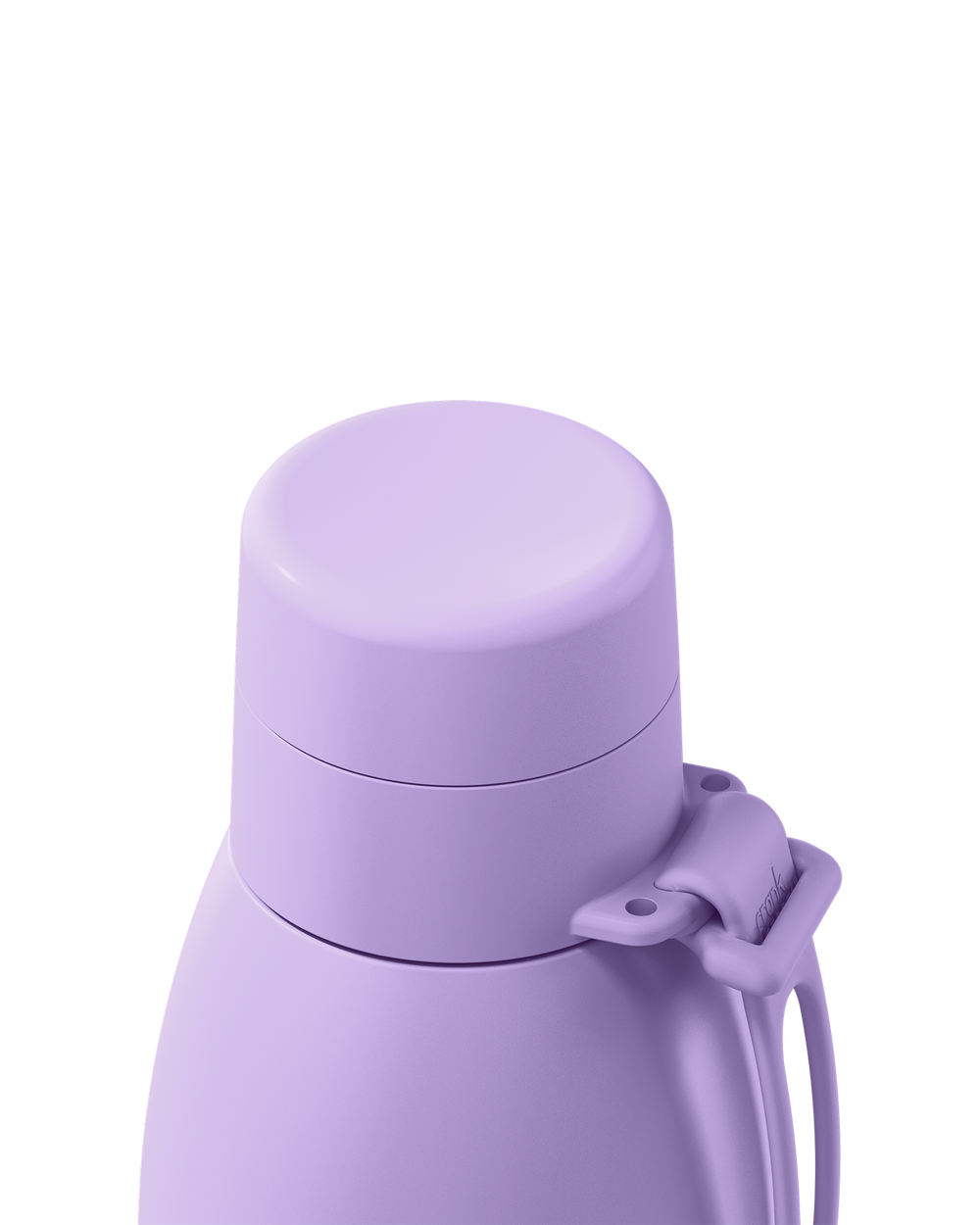 Close-up of a lavender thermal lid closed on a 34oz insulated bottle, with the carry loop attached.