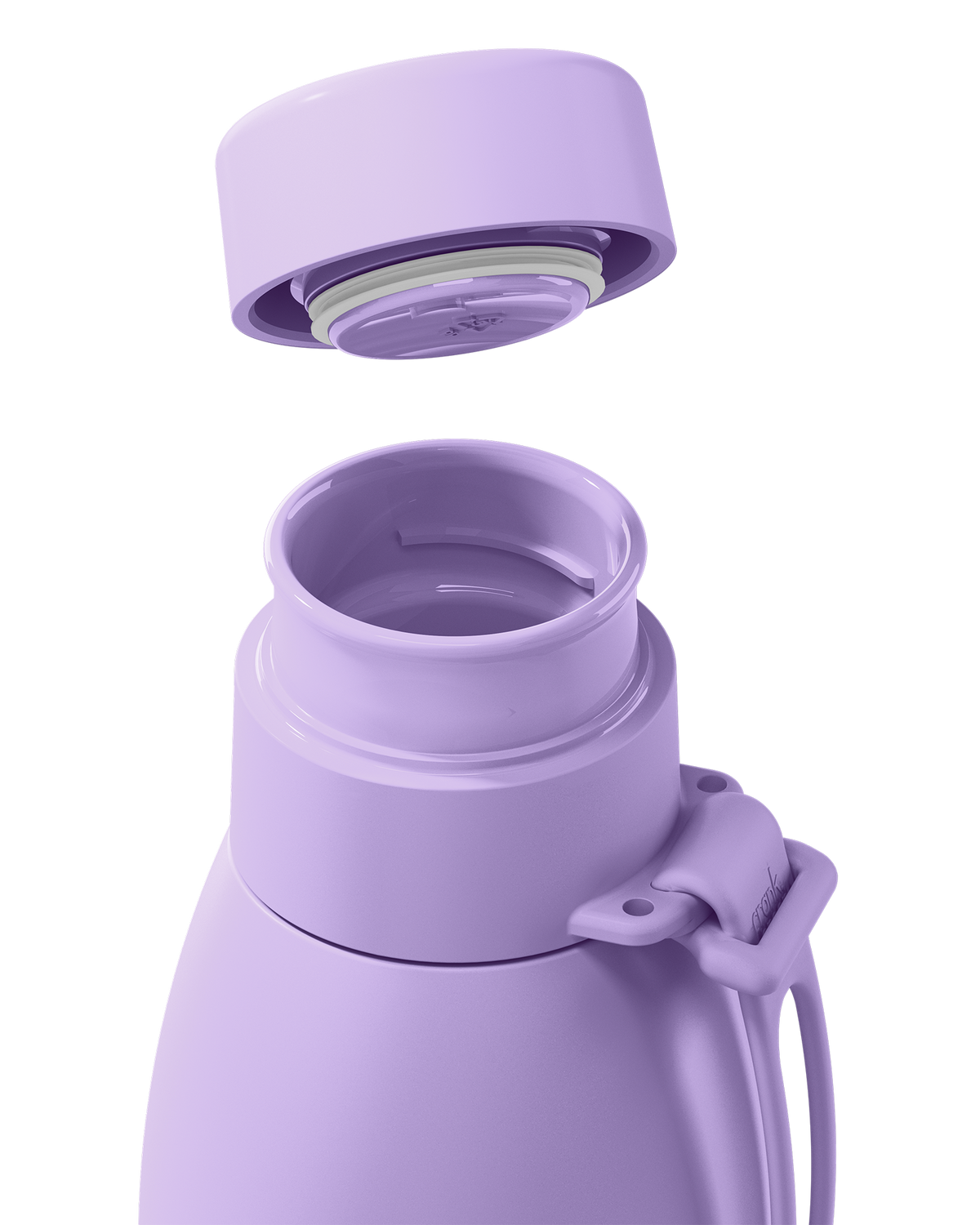 Close-up of a lavender thermal lid lifted off a 34oz insulated bottle, showing the seal and open neck.