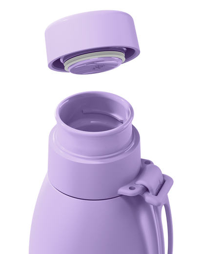 Close-up of a lavender thermal lid lifted off a 34oz insulated bottle, showing the seal and open neck.
