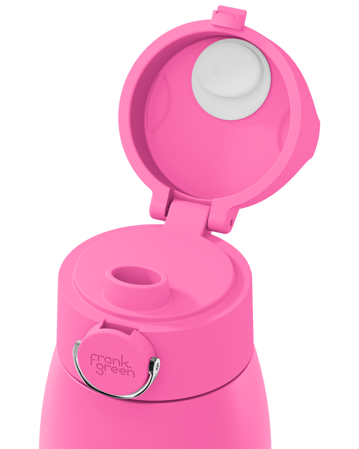 A bright pink insulated water bottle with its lid open, showing a white flip-top spout insert and a silver metal carry loop. The brand name 'frank green' is printed on the silver loop.