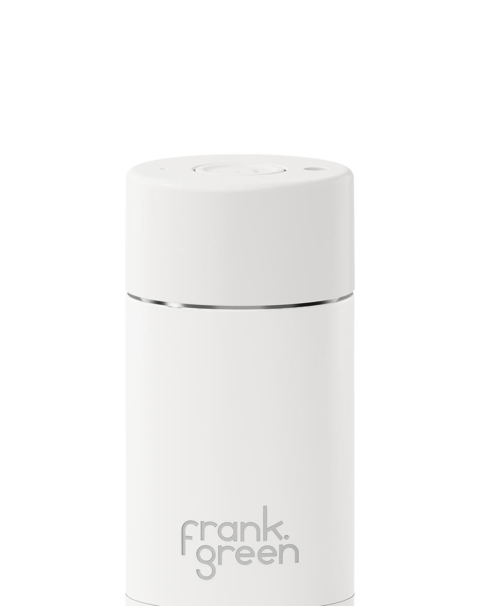 White reusable coffee cup with 'frank green' branding on a white background
