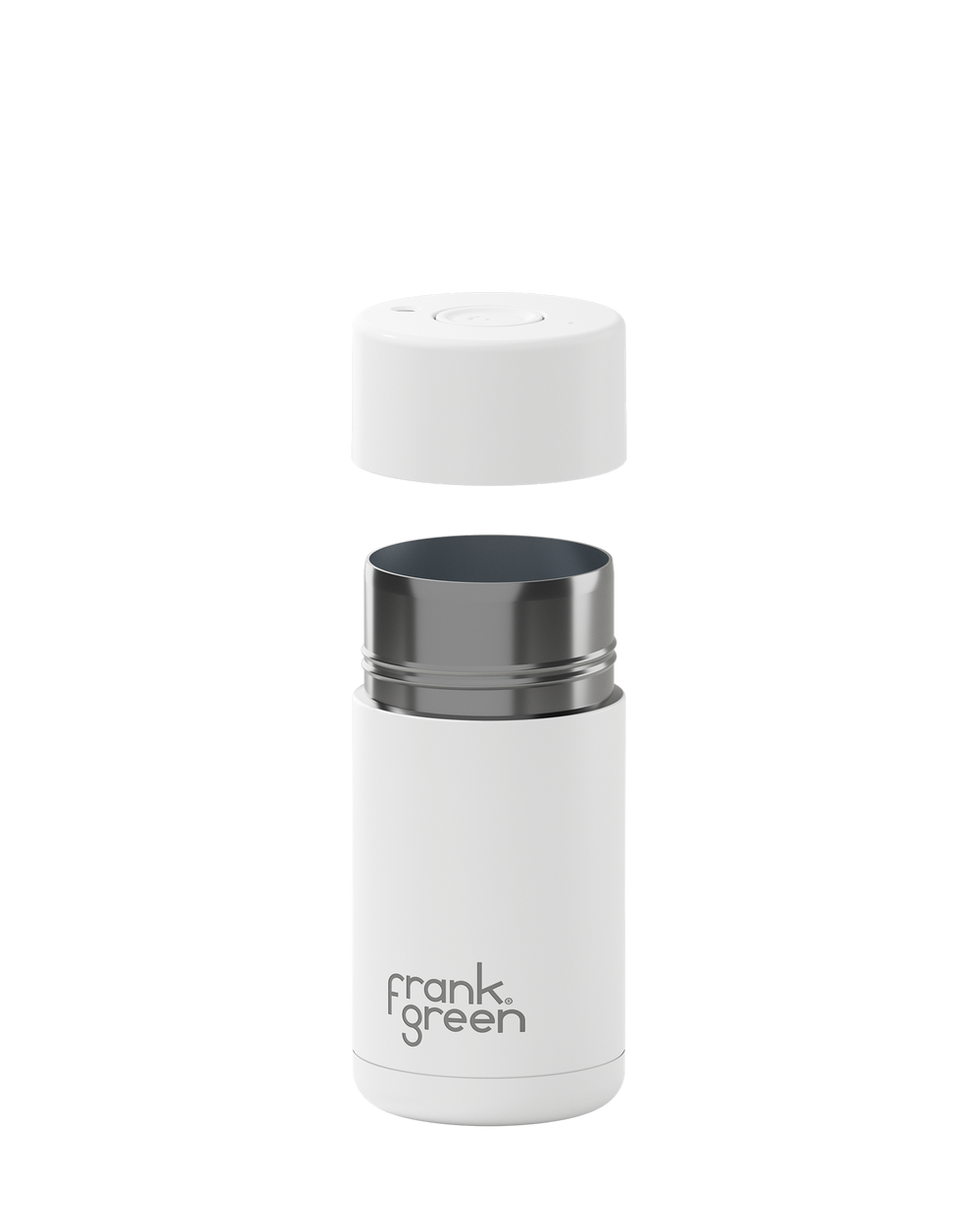 A white insulated bottle with its cap removed and floating above the opening, shown on a clean white background. The bottle has a dark metallic rim and the brand name 'frank green' printed near the bottom.