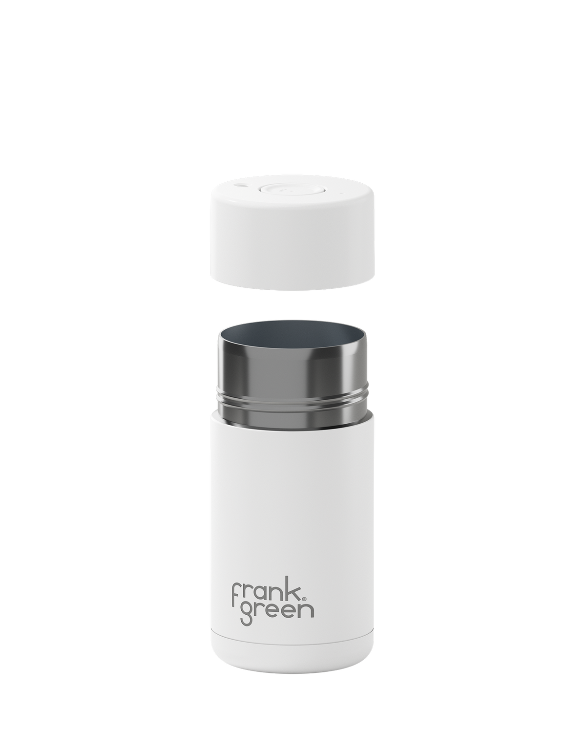 A white insulated bottle with its cap removed and floating above the opening, shown on a clean white background. The bottle has a dark metallic rim and the brand name 'frank green' printed near the bottom.
