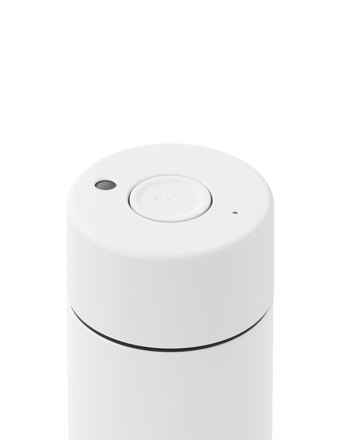 A close-up of a white cylindrical device, likely a portable coffee maker or similar appliance, showing the top lid with a central button and small sensor details, isolated on a white background.